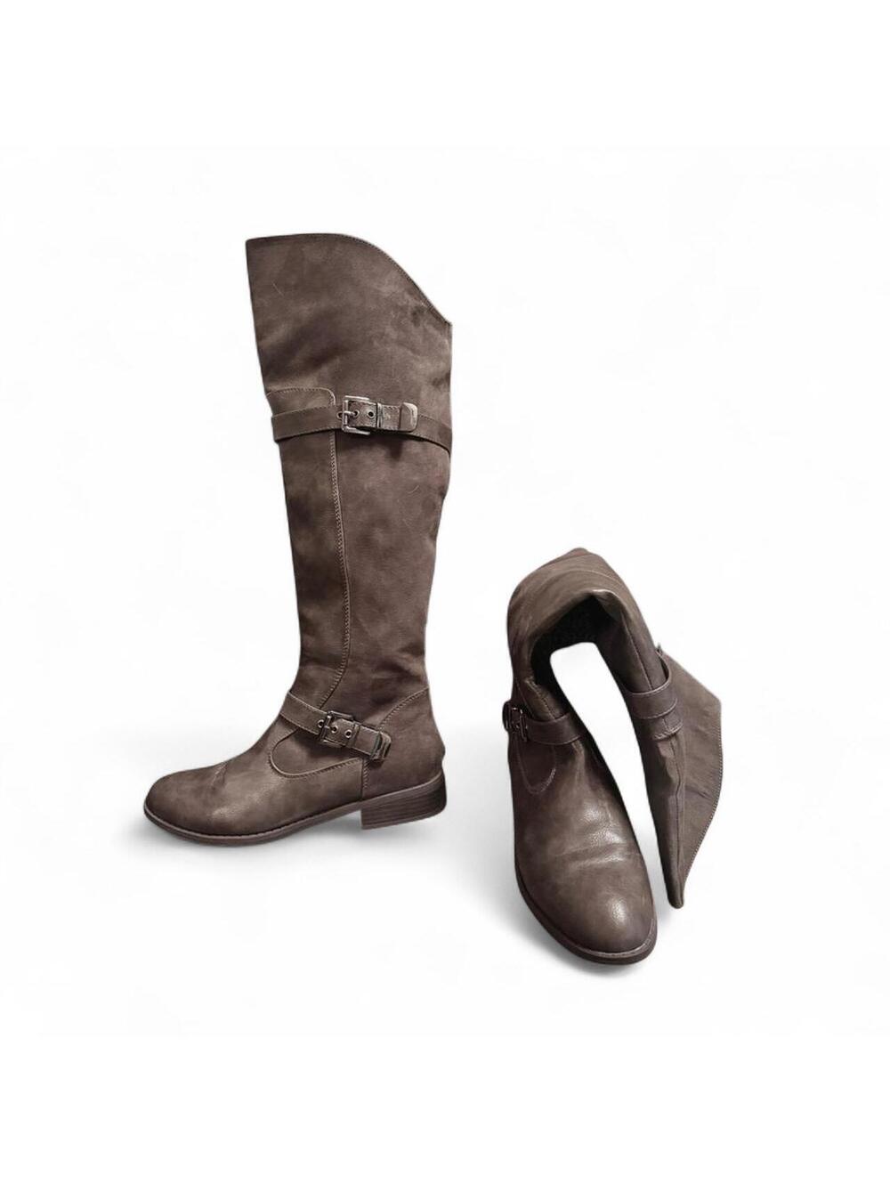 Gray Suede Knee-High Boots w/Buckle Detail